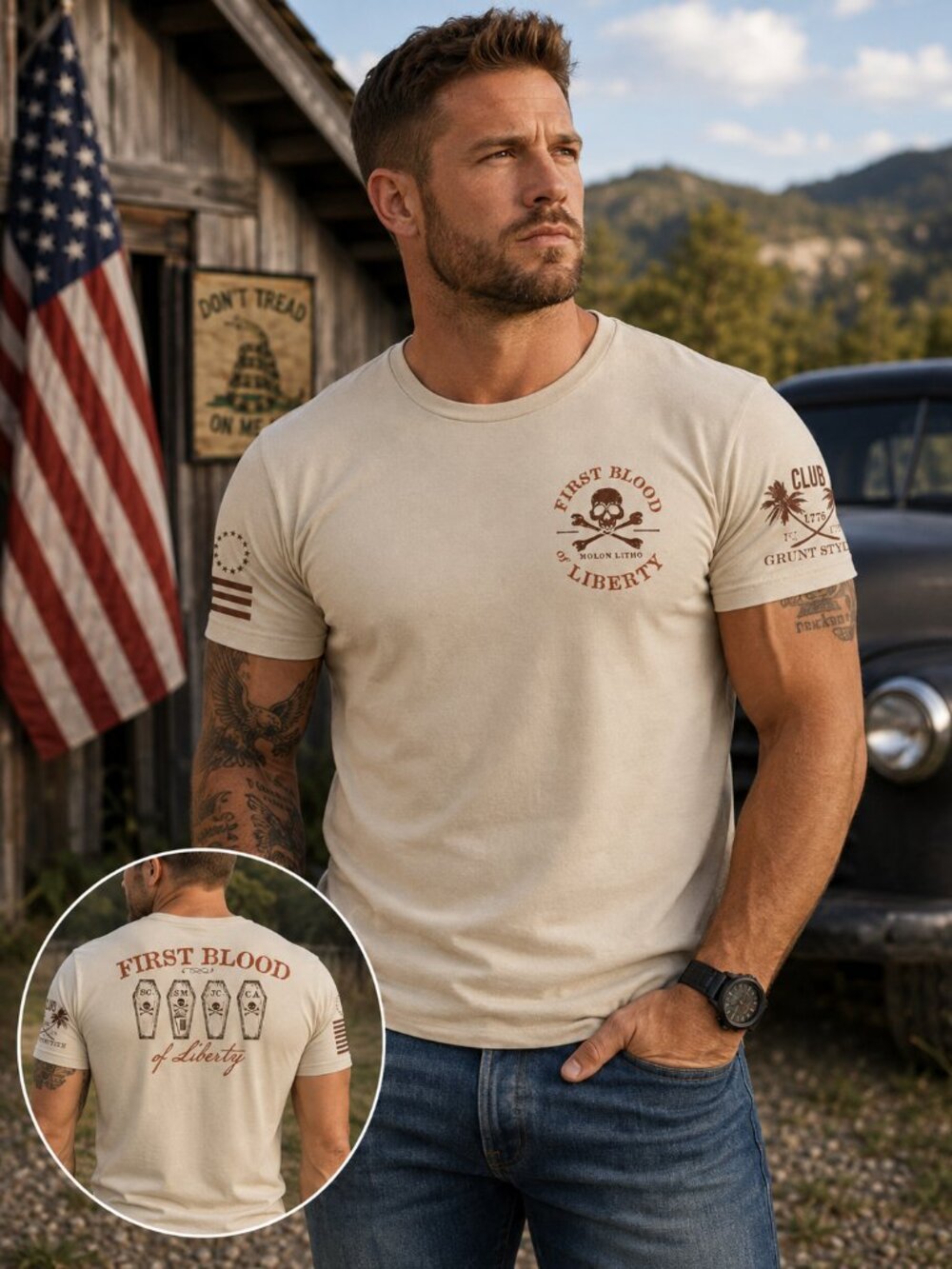Grunt Style Blood of Liberty Mens Large Cream Graphic T Shirt Patriotic Tee